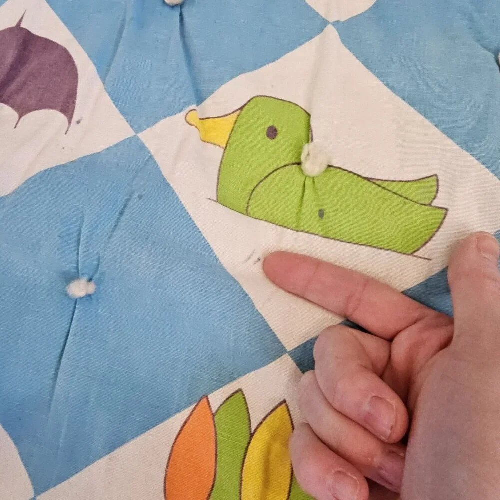 Vintage 60s 70s Kitschy Baby Quilt Blanket Reversible Alphabet Animals Checkered